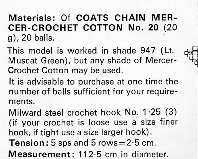 May include: Crochet instructions for a circular project using Coats Chain Mercer Crochet Cotton in shade 947 (Lt. Muscat Green). The instructions call for 20 balls of yarn and a Milward steel crochet hook size 1.25 (3). The tension is 5 stitches and 5 rows per 2.5 cm. The finished project measures 112.5 cm in diameter.