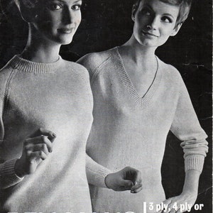 vintage womens classic sweater knitting pattern pdf ladies v neck or round neck jumper 3ply 4ply or DK 32-44&quot; pdf instant download