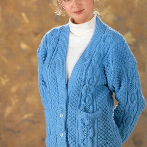 womens aran cardigan knitting pattern pdf download ladies cable jacket v neck 30-40 inch chest aran worsted 10ply yarn PDF instant download
