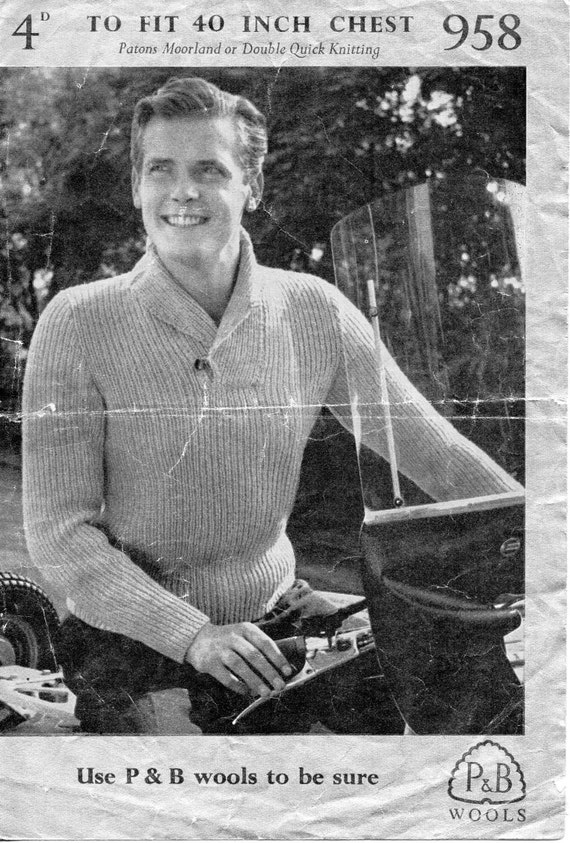 Vintage Mens Shawl Collar Sweater Knitting Pattern Pdf Mens Rib