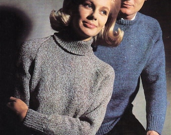 vintage womens mens sweater knitting pattern pdf ladies polo neck round neck raglan jumper 34-44" DK light worsted 8ply pdf instant download