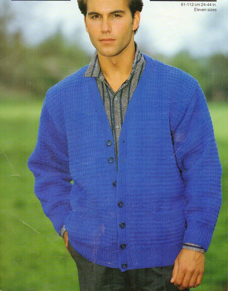 Mens V Neck Cardigan Knitting Pattern Pdf Download Textured Etsy