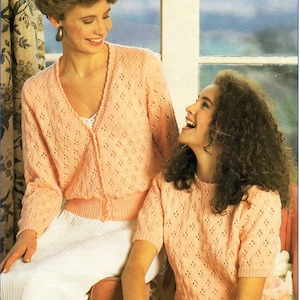womens KNITTING PATTERN pdf womens lacy cardigan sweater ladies twinset short sleeve jumper 32-44&quot; DK light worsted 8ply instant download