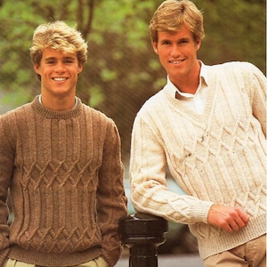 vintage mens sweater knitting pattern pdf mens cable rib jumper round neck v neck 34-46&quot; DK light worsted 8ply pdf instant download