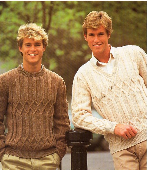 vintage mens sweater knitting pattern pdf mens cable rib jumper round neck  v neck 34-46