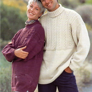 womens mens cable Guernsey sweater knitting pattern pdf DK tunic long cable roll or polo neck jumper 32-42&quot;DK light worsted 8ply Download