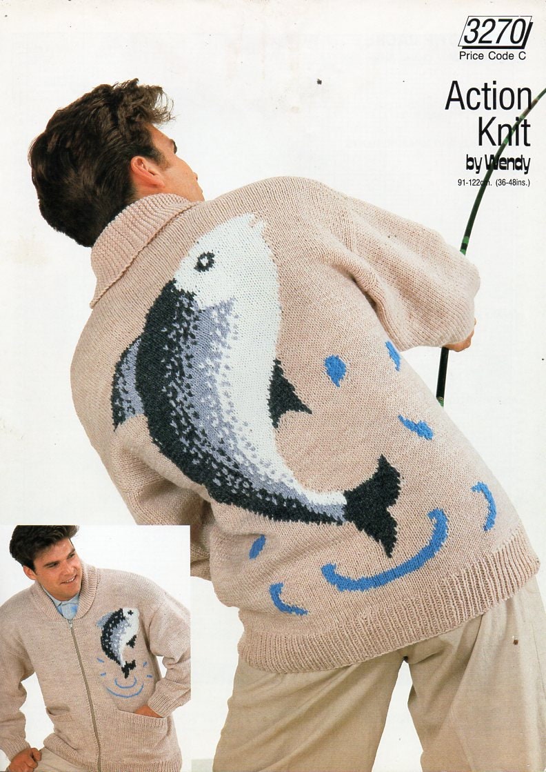 Vintage Mens Fishing Cardigan Knitting Pattern Pdf Mans Fish Motif