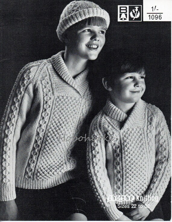 Vintage Childrens Aran Sweater Hat Knitting Pattern Pdf Cable