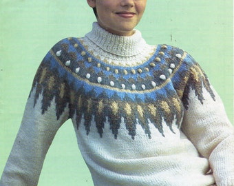 vintage womens fair isle sweater knitting pattern pdf ladies polo neck fairisle yoke jumper 32-38" aran 10ply worsted pdf instant download