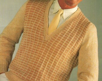 Men's and Women's V Neck Check Border Sweater Knitting Pattern PDF