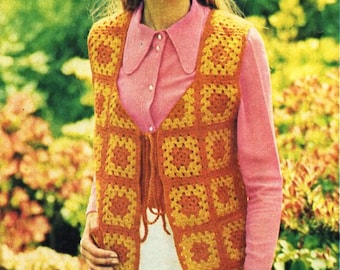 vintage womens crochet motif waistcoat crochet pattern pdf ladies granny squares crochet vest 32-34" DK light worsted 8ply instant download
