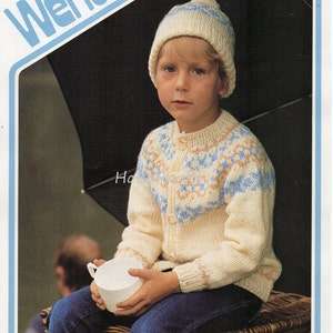 Childrens fair isle cardigan and hat - 22 to 32inch chest - DK Childrens Knitting Pattern - PDF instant download