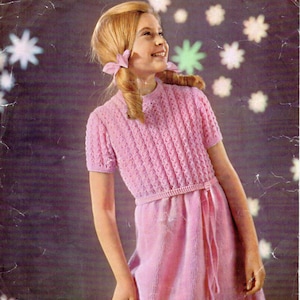 girls dress knitting pattern pdf patterned bodice short sleeve children&#39;s dress 26-32&quot; DK light worsted 8ply pdf Instant Download