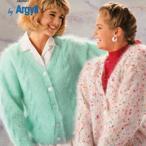 womens mohair cardigan knitting pattern pdf ladies cable v neck jacket 30-40 inch chest Chunky mohair yarn pdf instant download