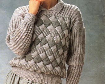 womens entrelacs sweater knitting pattern pdf DK ladies collared entralac jumper 32-42" DK light worsted 8ply pdf instant download