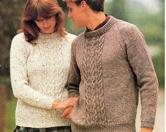 womens mens cable sweater knitting pattern pdf ladies cable panel jumper 32-44" aran worsted 10ply pdf instant download
