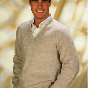 mens classic sweater knitting pattern pdf download v neck raglan jumper 24-44 inch chest DK light worsted 8ply yarn pdf instant download
