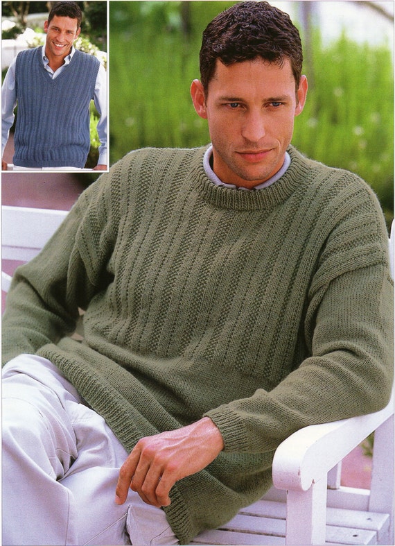Mens sweater Knitting Pattern pdf Mens V Neck Slipover Round Neck Jumper 38 48 inch DK light worsted 8ply PDF Instant Download