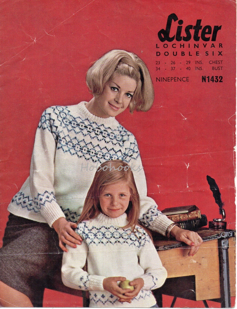 vintage womens fair isle sweater knitting pattern pdf ladies girls fairisle yoke jumper 23-2934-40 aran worsted 10ply pdf instant download
