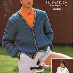 mens cable cardigan slipover knitting pattern pdf v neck cable jacket tank top 38-44 inch DK light worsted 8ply yarn pdf instant download