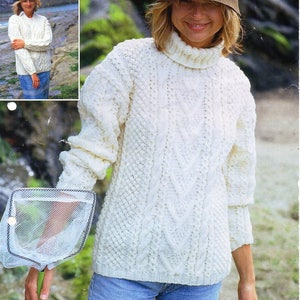 womens aran sweater knitting pattern pdf ladies cable jumper polo neck round neck 32-42" aran worsted 10ply pdf instant download