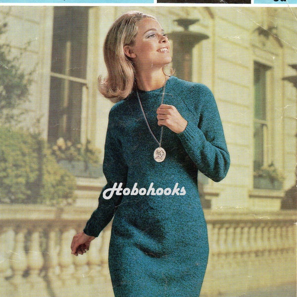 vintage womens dress knitting pattern pdf ladies dress round neck 34-40" DK light worsted 8ply PDF Instant Download