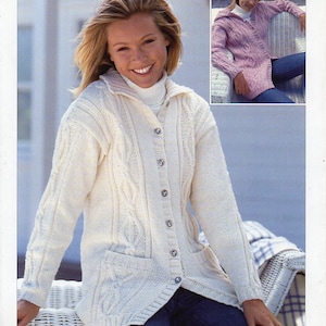 womens cable cardigan knitting pattern pdf ladies cable jacket hood or collar pockets 32-42 inch Aran Worsted 10ply pdf instant download