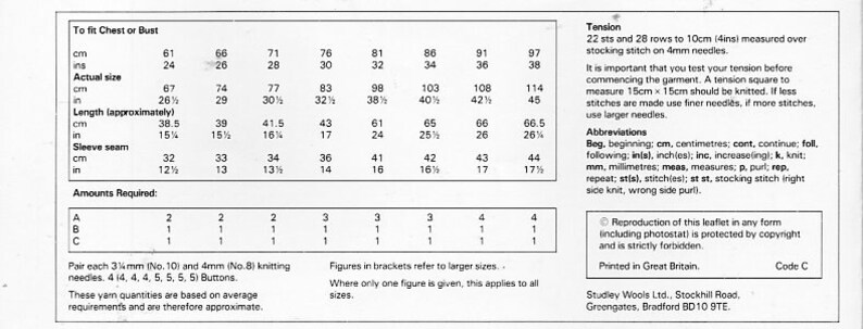 May include: A printed knitting pattern chart with measurements in inches and centimeters. The chart includes bust size, actual size, length, and sleeve seam measurements. It also lists the amounts of yarn required and needle sizes.