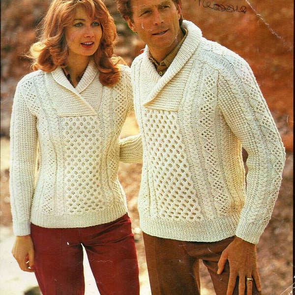 womens mens aran sweater knitting pattern pdf download ladies roll collar aran jumper shawl collar 34-44"aran worsted 10ply instant download