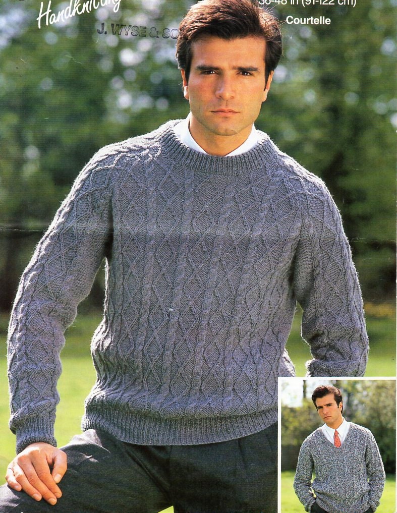 vintage mens aran sweater knitting pattern pdf mans cable jumper crew neck 38-42 inch DK light worsted 8ply PDF Instant Download
