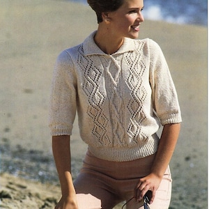 womens short sleeve sweater with collar knitting pattern pdf ladies jumper 30-40&quot; DK light worsted 8ply womens pattern instant download