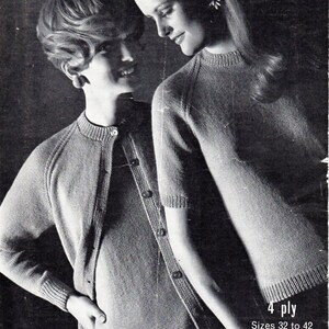May include: Two women wearing knitted jumpers. The woman on the left is wearing a cardigan with buttons. The woman on the right is wearing a short-sleeved jumper. The jumpers are both a light grey colour. The text on the image reads "4 ply Sizes 32 to 42".
