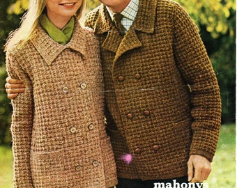 vintage womens mens double breasted coat knitting pattern pdf ladies coat car coat jacket 34-44 aran worsted 10ply PDF Instant download