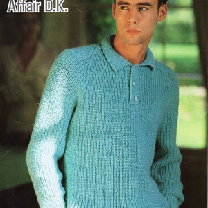 vintage mens fishermans rib sweater knitting pattern pdf mans rib jumper with collar 32-44&quot; DK light worsted 8ply pdf instant download