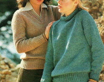 ladies chunky sweaters knitting pattern pdf womens bulky jumpers v or crew neck Vintage 32-42 inch chunky bulky 12ply Instant download