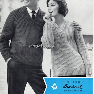 vintage womens mens rib sweater knitting pattern pdf ladies chunky ribbed jumper V Neck 34-44&quot; Chunky bulky 12ply PDF Instant Download