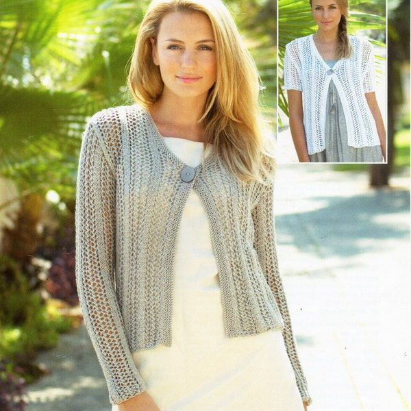 womens cardigan knitting pattern pdf ladies lacy jacket short sleeve summer 32-42 inch 10 ply ribbon yarn pdf instant download