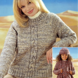 May include: A woman wearing a beige and brown striped sweater with a cable knit design. A child wearing a pink sweater with a cable knit design is pictured in the bottom right corner. The text "Children sizes knitted from 1 ball" is in the bottom right corner.