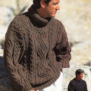 mens aran sweater knitting pattern PDF mens cable jumper crew or polo neck 38-46" aran worsted 10ply pdf instant download