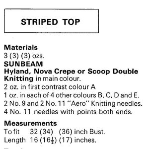 May include: A printed page with the text "STRIPED TOP" at the top. Below, the text lists materials, including yarn and knitting needles. Measurements are provided for bust sizes 32, 34, and 36 inches, and lengths of 16, 16.5, and 17 inches.