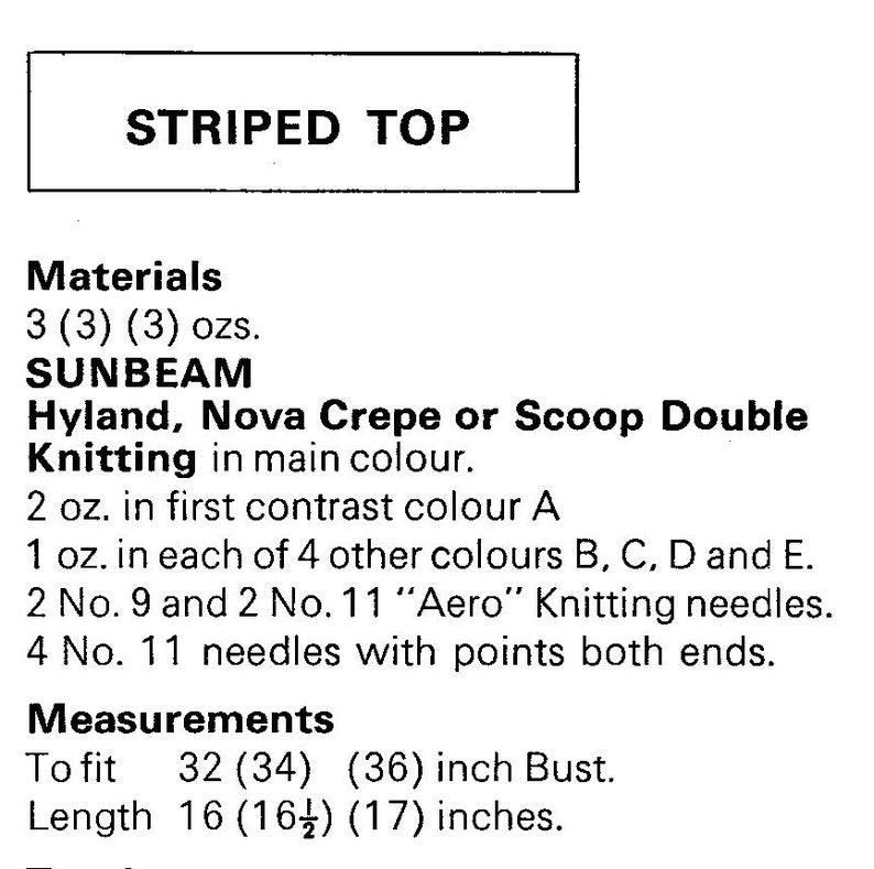 May include: A printed page with the text "STRIPED TOP" at the top. Below, the text lists materials, including yarn and knitting needles. Measurements are provided for bust sizes 32, 34, and 36 inches, and lengths of 16, 16.5, and 17 inches.