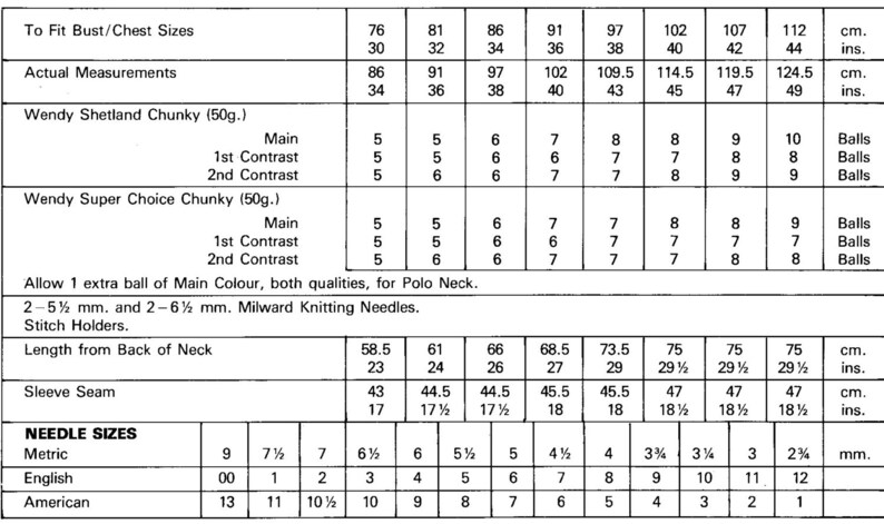 Op de afbeelding: Breipatroontabel voor een trui met instructies voor verschillende maten en garentypen. De tabel bevat maten in inches en centimeters, naaldmaten in millimeters en Amerikaanse maten, en garenbehoeften in bollen.