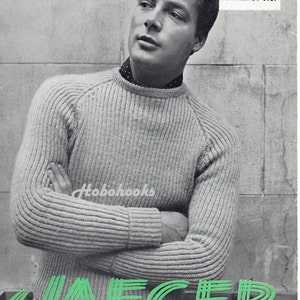 vintage mens rib sweater knitting pattern pdf mens ribbed jumper round neck 38-44" 3ply light fingering PDF instant download