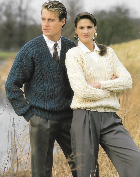 Womens Mens Aran Sweater Knitting Pattern Pdf Ladies V Neck Cable