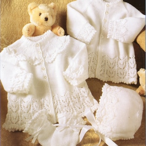 baby matinee jacket bonnet mitts knitting pattern pdf matinee coat matinee set 16-20&quot; 3ply light fingering pdf instant download