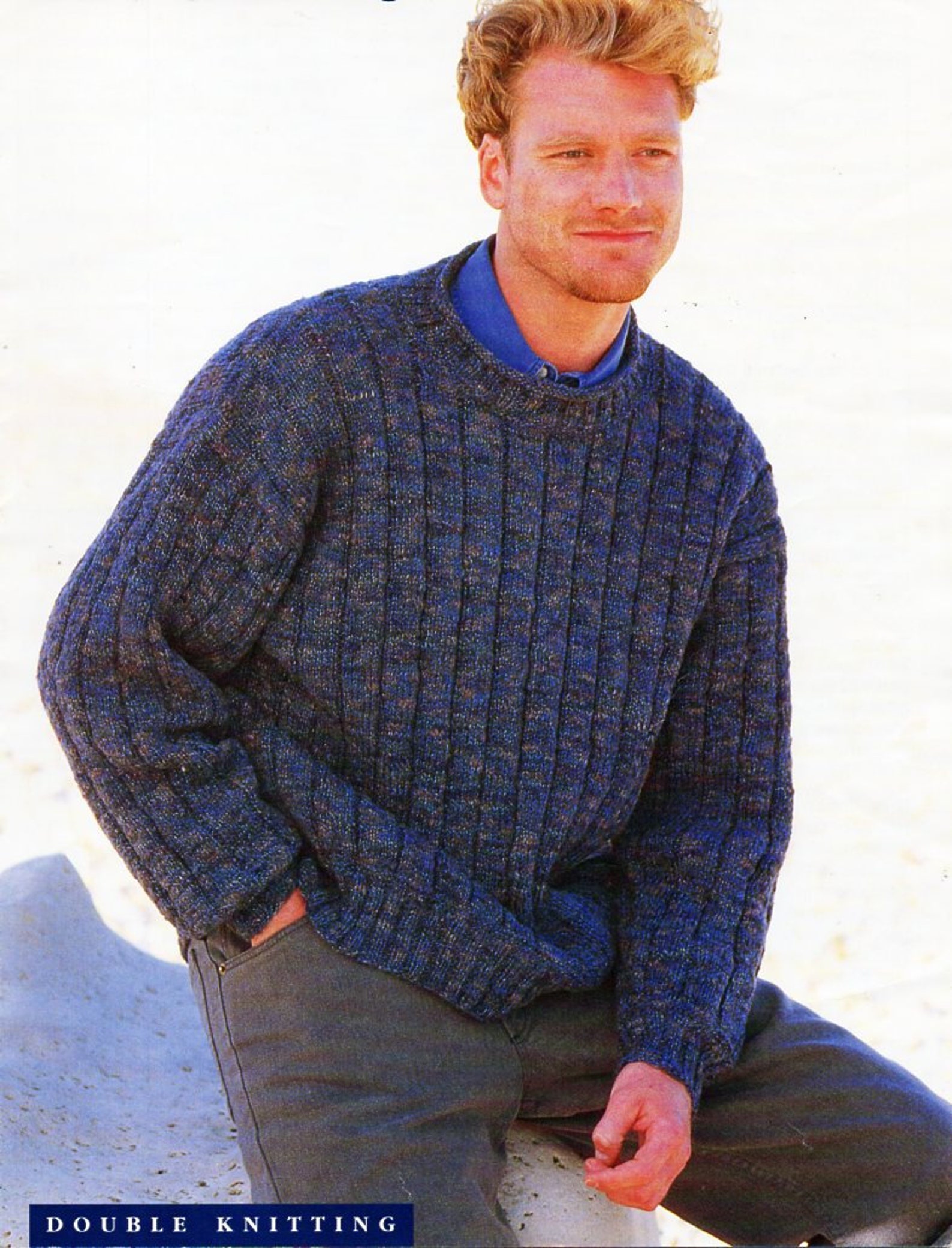 Mens Sweater Knitting Pattern Pdf Wide Rib Round Neck Jumper 34-48" DK