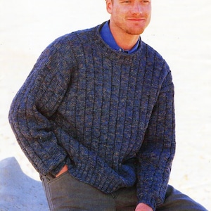 mens sweater knitting pattern pdf wide rib round neck jumper 34-48&quot; DK light worsted 8ply pdf instant download