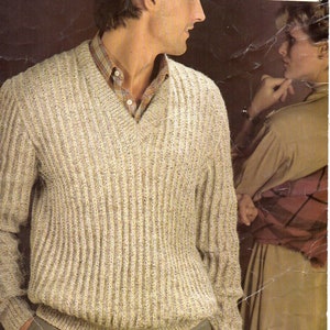 mens rib sweater knitting pattern pdf download v neck jumper 34-44 inch chest DK light worsted 8ply yarn pdf instant download