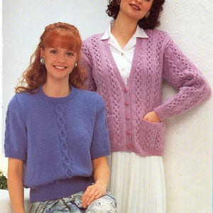 ladies cable short sleeve sweater cardigan knitting pattern pdf womens jumper jacket larger sizes 36-50&quot; DK lt worsted 8ply instant download