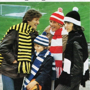 vintage mens football hats scarf sets knitting pattern PDF DK mans striped cap bobble hat small medium large DK light worsted 8ply Download